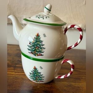 Spode Christmas Tree 3-Cup Peppermint Tea for One Set - New in Box